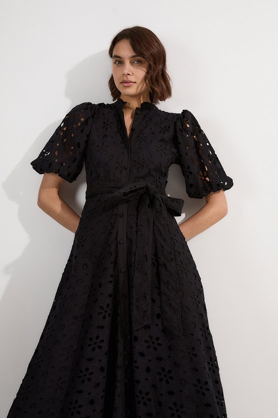 Karen Millen Cotton Broderie Belted Short Sleeve Woven Midi Dress Black
