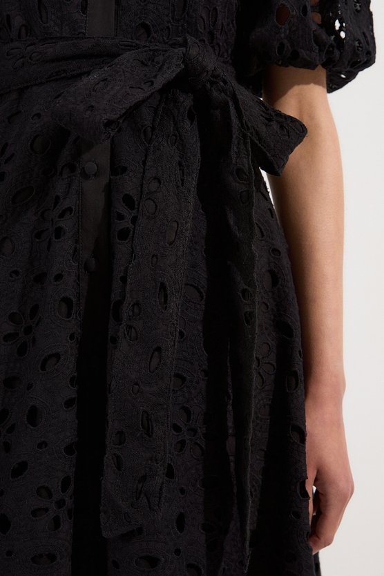 Karen Millen Cotton Broderie Belted Short Sleeve Woven Midi Dress Black