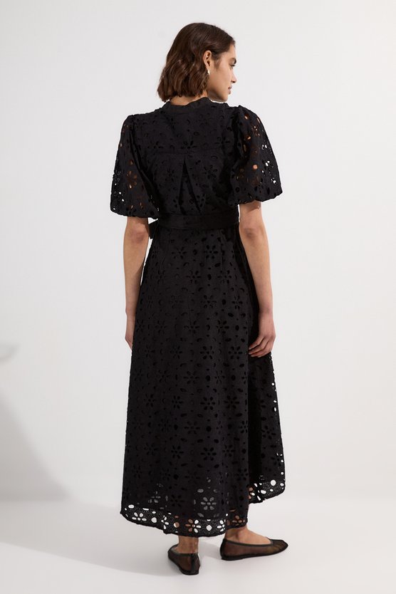 Karen Millen Cotton Broderie Belted Short Sleeve Woven Midi Dress Black