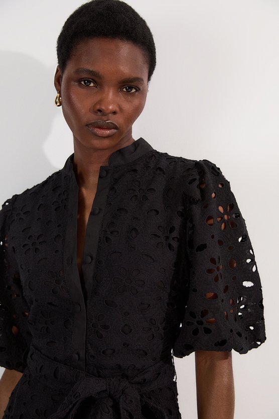 Karen Millen Cotton Broderie Belted Woven Mini Dress Black