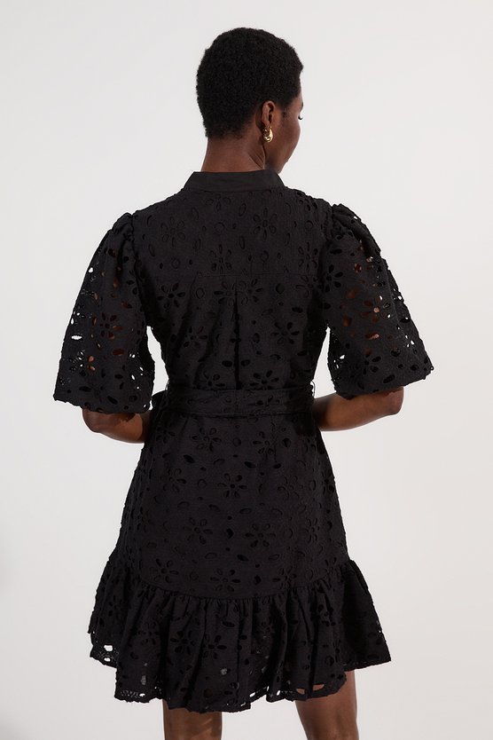 Karen Millen Cotton Broderie Belted Woven Mini Dress Black