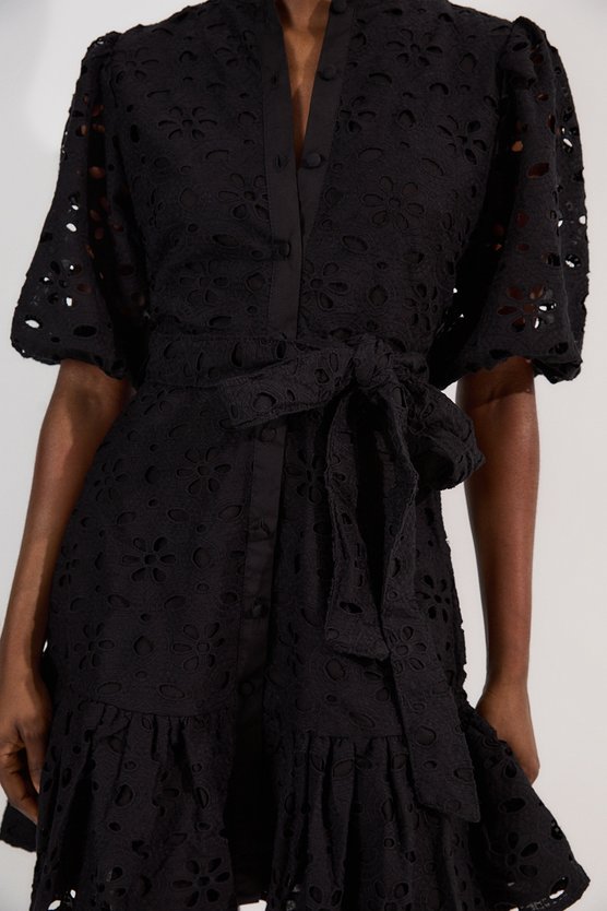 Karen Millen Cotton Broderie Belted Woven Mini Dress Black