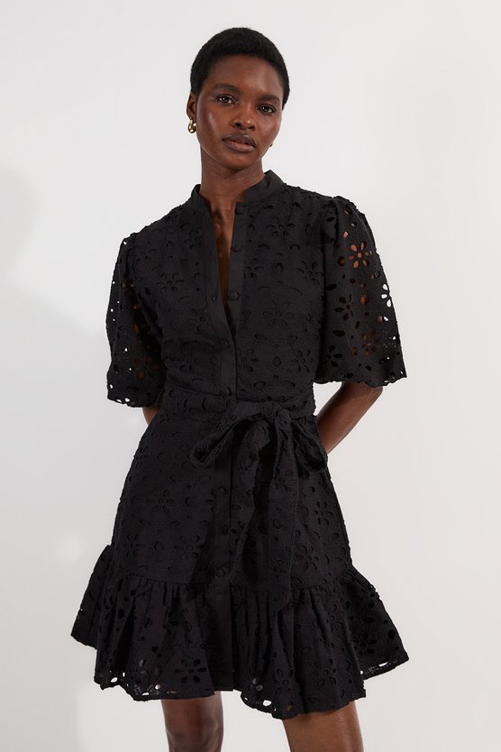 karen millen Cotton Broderie Belted Woven Mini Dress black