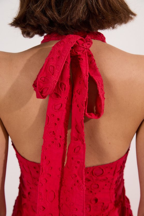 Karen Millen Cotton Broderie Halterneck Woven Maxi Dress Red