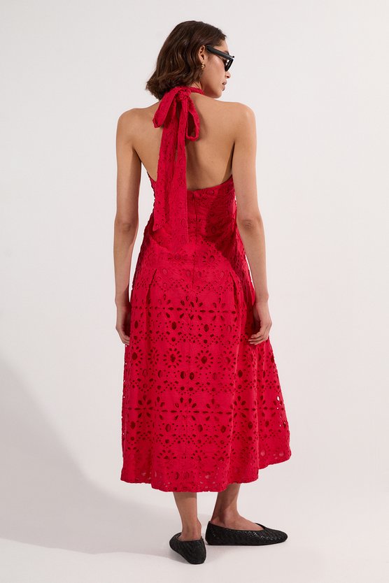 Karen Millen Cotton Broderie Halterneck Woven Maxi Dress Red