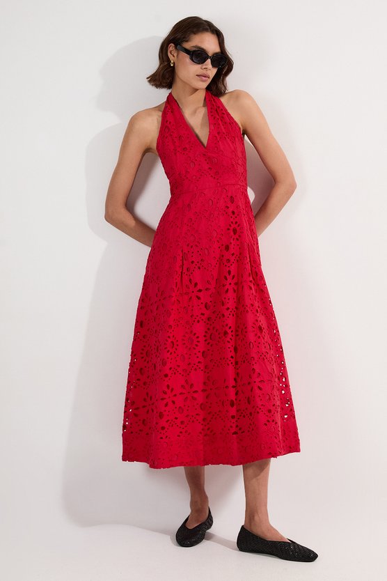 karen millen Cotton Broderie Halterneck Woven Maxi Dress red
