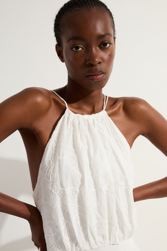 Karen Millen Cotton Broderie Strappy Halter Neck Woven Maxi Dress White