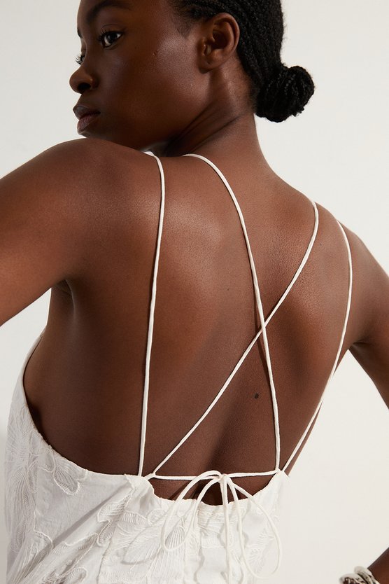 Karen Millen Cotton Broderie Strappy Halter Neck Woven Maxi Dress White