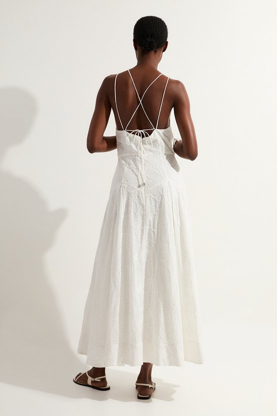 Karen Millen Cotton Broderie Strappy Halter Neck Woven Maxi Dress White