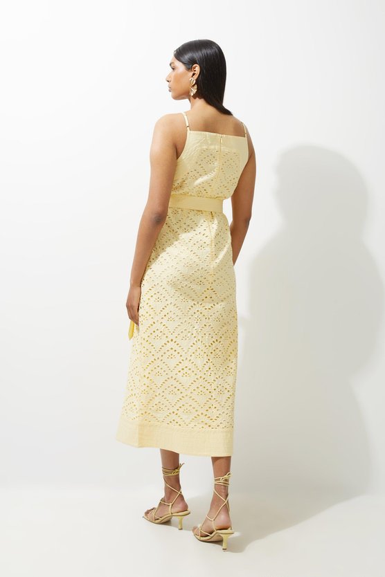Karen Millen Cotton Broderie Woven Belted Maxi Dress Lemon