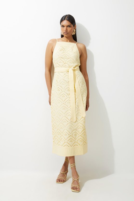 karen millen Cotton Broderie Woven Belted Maxi Dress lemon
