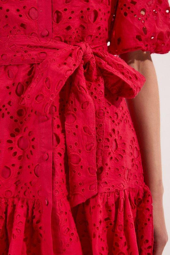 Karen Millen Cotton Broderie Woven Tie Waist Mini Dress Red