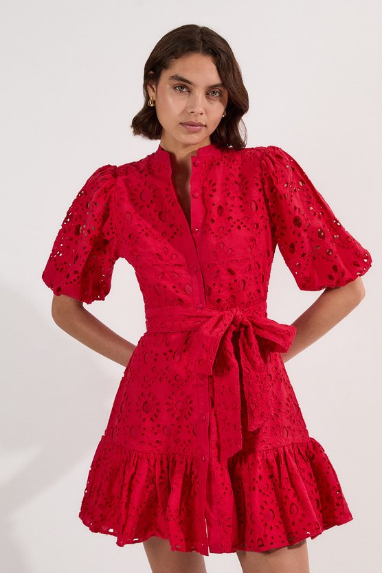 karen millen Cotton Broderie Woven Tie Waist Mini Dress red