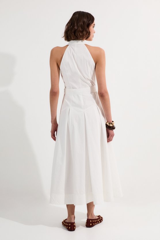 Karen Millen Cotton Collared Halter Neck Woven Midi Shirt Dress With Dropped Waist Detail Navy