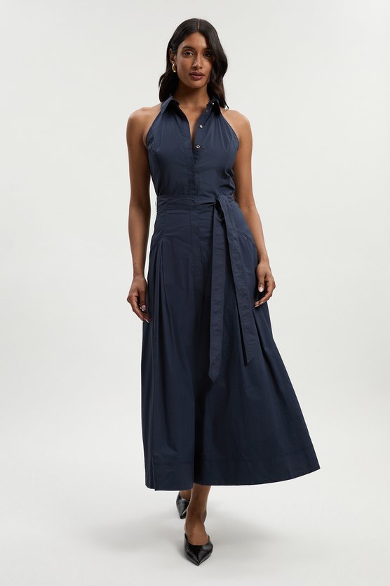 karen millen Cotton Collared Halter Neck Woven Midi Shirt Dress With Dropped Waist Detail navy
