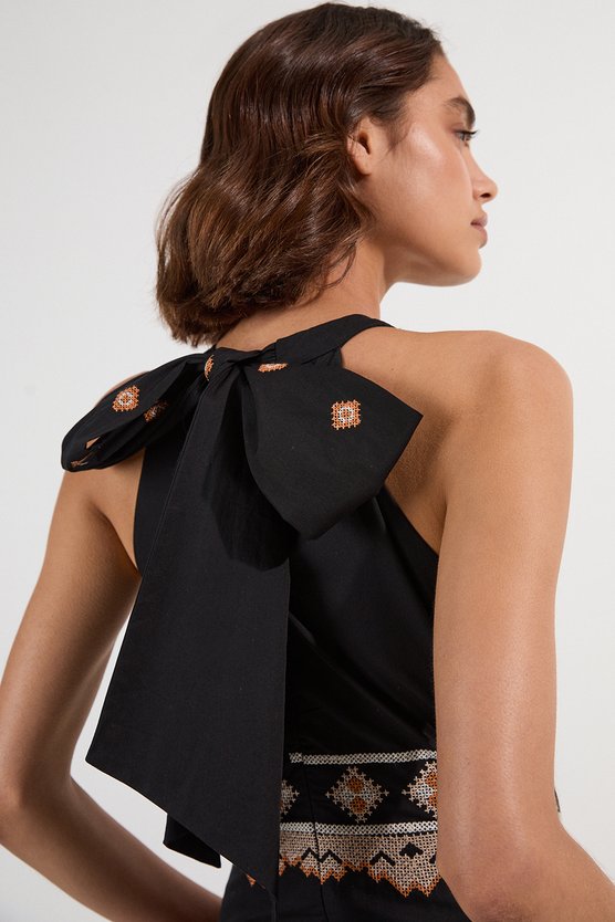 Karen Millen Cotton Embroidered Woven Halter Maxi Dress Black