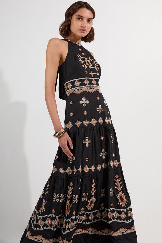 karen millen Cotton Embroidered Woven Halter Maxi Dress black karen millen Cotton Embroidered Woven Halter Maxi Dress black