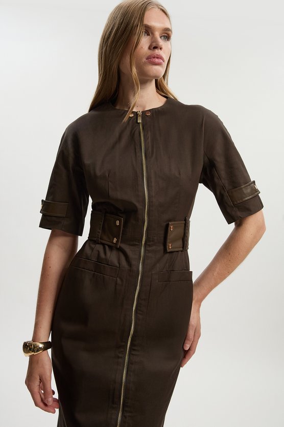 Karen Millen Cotton & Faux Leather Tab Utility Midi Dress Chocolate