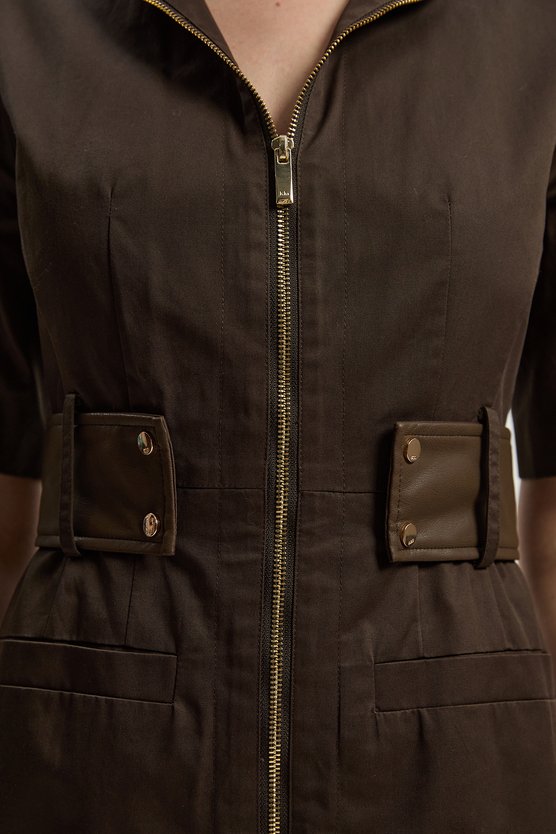 Karen Millen Cotton & Faux Leather Tab Utility Midi Dress Chocolate