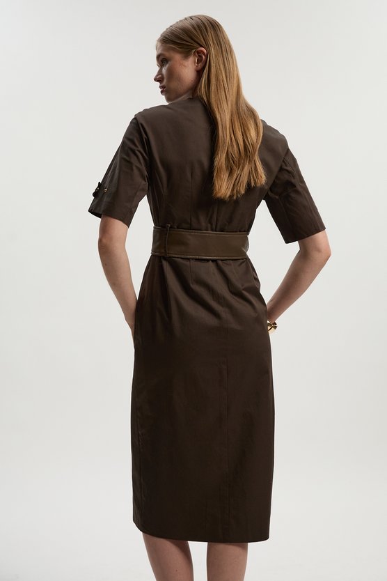 Karen Millen Cotton & Faux Leather Tab Utility Midi Dress Chocolate