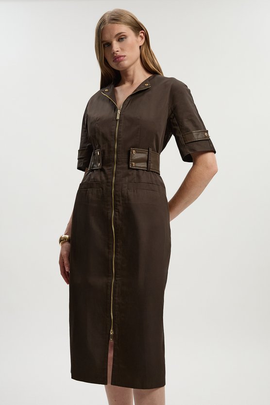 karen millen Cotton & Faux Leather Tab Utility Midi Dress chocolate