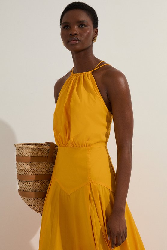 Karen Millen Cotton Halter Neck Woven Midi Dress With Dropped Waist Detail Mango