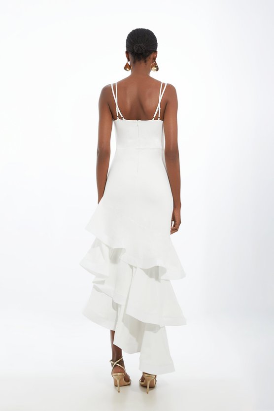 Karen Millen Cotton Ponte Jersey Ruffle Hem Maxi Dress White