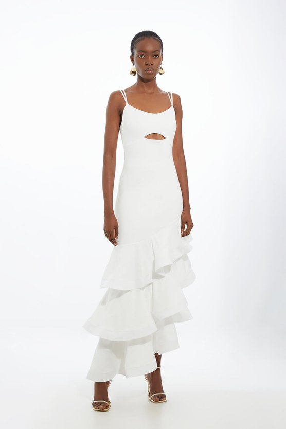 karen millen Cotton Ponte Jersey Ruffle Hem Maxi Dress white