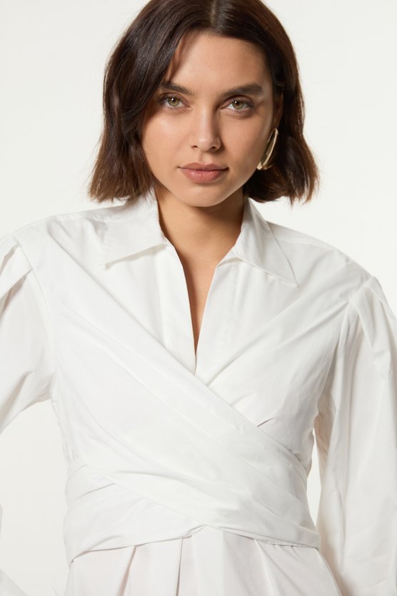 Karen Millen Cotton Poplin Drama Sleeve Woven Wrap Detail Shirt Dress White