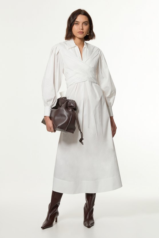 karen millen Cotton Poplin Drama Sleeve Woven Wrap Detail Shirt Dress white