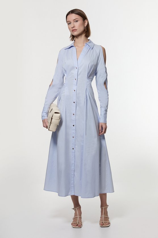 Karen Millen Cotton Poplin Woven Maxi Shirt Dress Blue