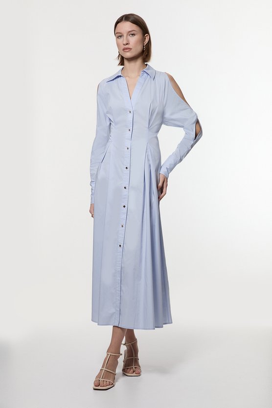 Karen Millen Cotton Poplin Woven Maxi Shirt Dress Blue