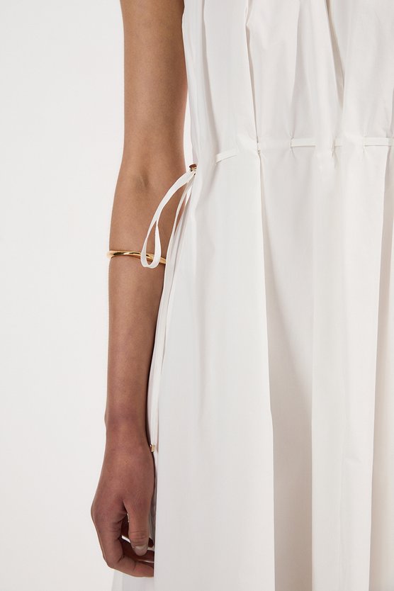 Karen Millen Cotton Ruched Waist Woven Midi Dress Ivory