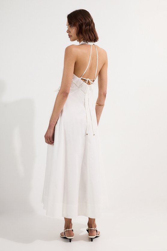 Karen Millen Cotton Ruched Waist Woven Midi Dress Ivory