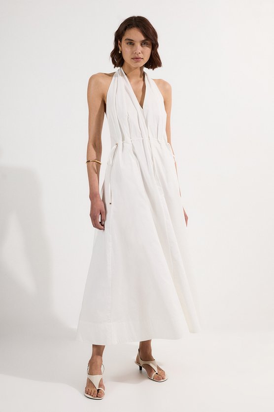 karen millen Cotton Ruched Waist Woven Midi Dress ivory karen millen Cotton Ruched Waist Woven Midi Dress ivory