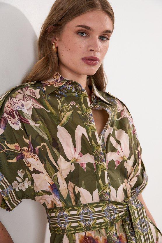 Karen Millen Cotton Sateen Floral Woven Belted Maxi Shirt Dress Khaki
