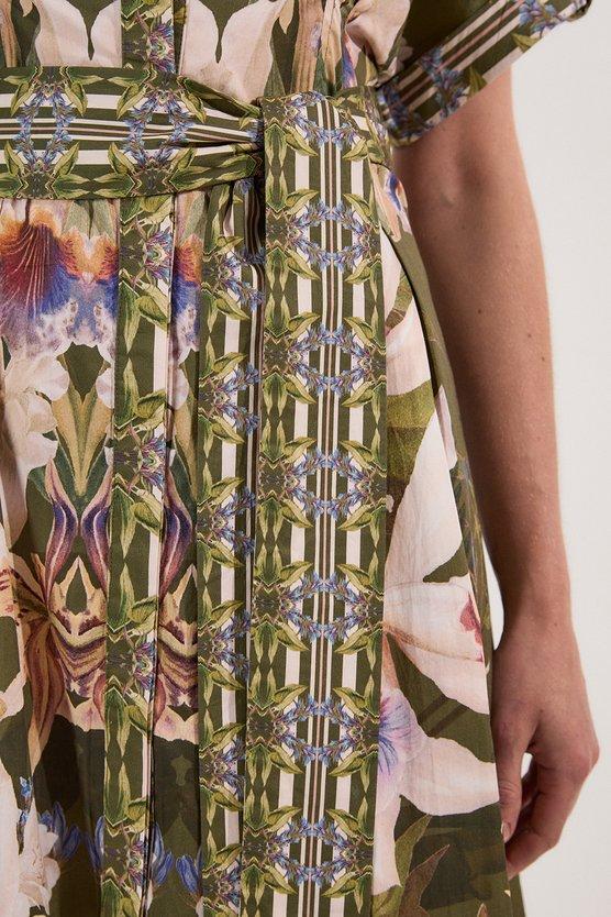 Karen Millen Cotton Sateen Floral Woven Belted Maxi Shirt Dress Khaki