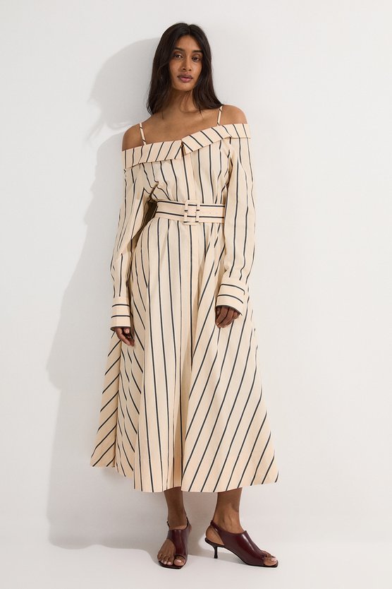 Karen Millen Cotton Stripe Belted Woven Maxi Dress Stripe