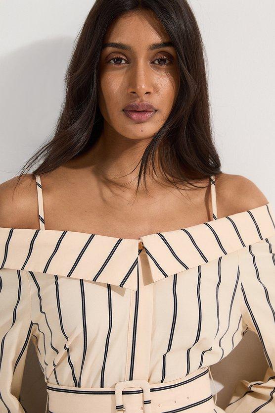 Karen Millen Cotton Stripe Belted Woven Maxi Dress Stripe