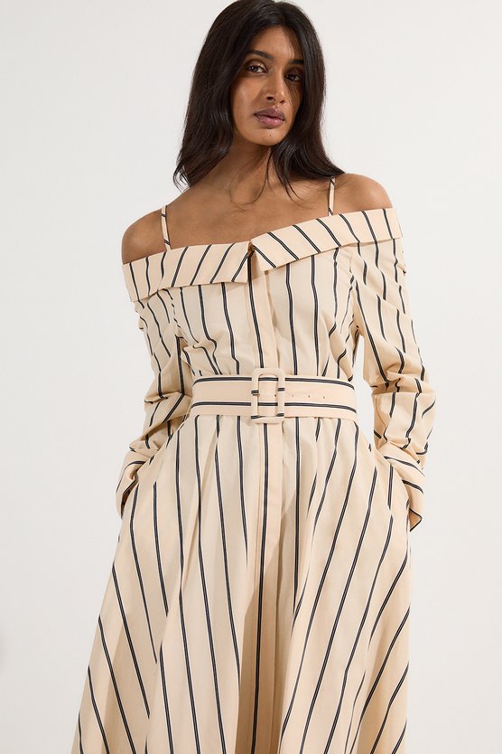 karen millen Cotton Stripe Belted Woven Maxi Dress stripe