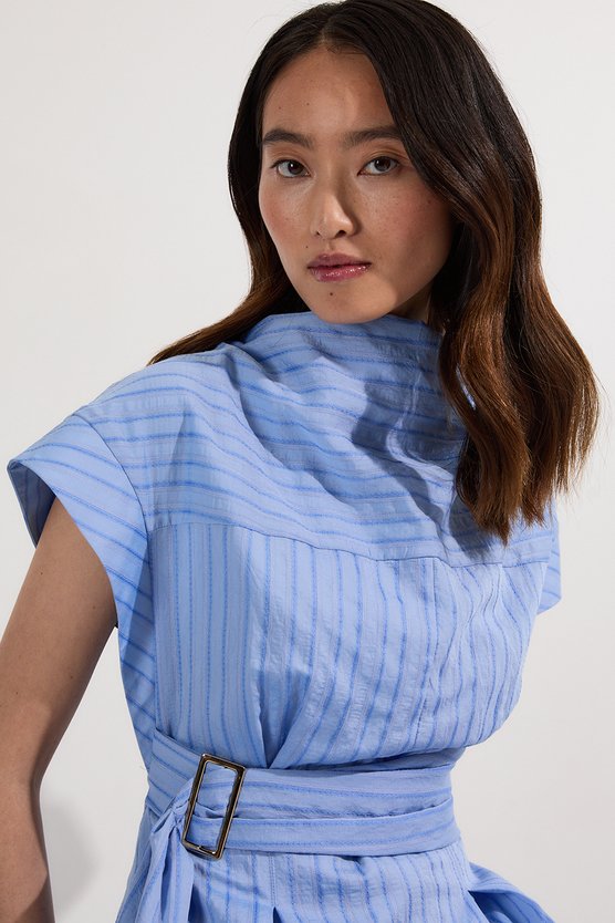 Karen Millen Cotton Stripe High Neck Belted Woven Midi Shirt Dress Blue