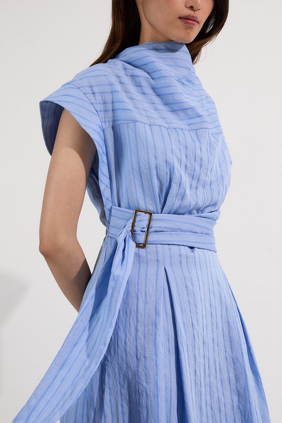 Karen Millen Cotton Stripe High Neck Belted Woven Midi Shirt Dress Blue