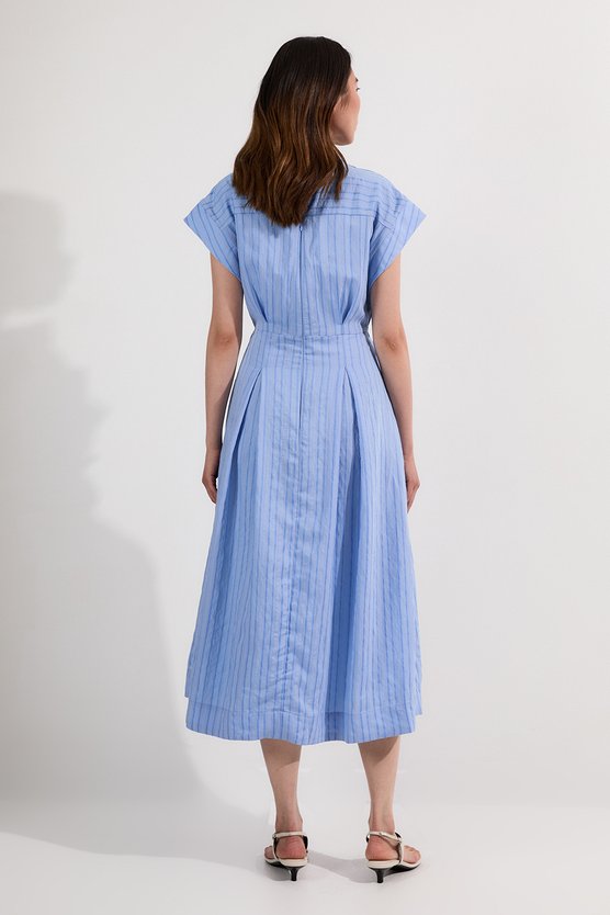 Karen Millen Cotton Stripe High Neck Belted Woven Midi Shirt Dress Blue
