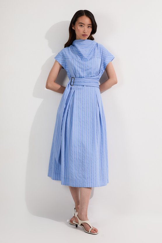 karen millen Cotton Stripe High Neck Belted Woven Midi Shirt Dress blue karen millen Cotton Stripe High Neck Belted Woven Midi Shirt Dress blue