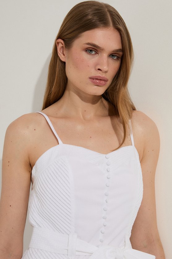 Karen Millen Cotton Top Stitch Dropped Waist Woven Strappy Midi Dress White