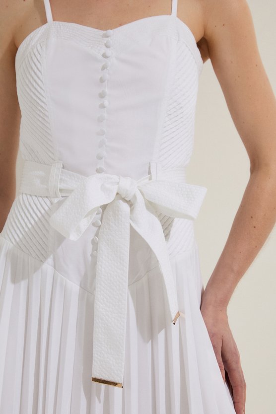 Karen Millen Cotton Top Stitch Dropped Waist Woven Strappy Midi Dress White