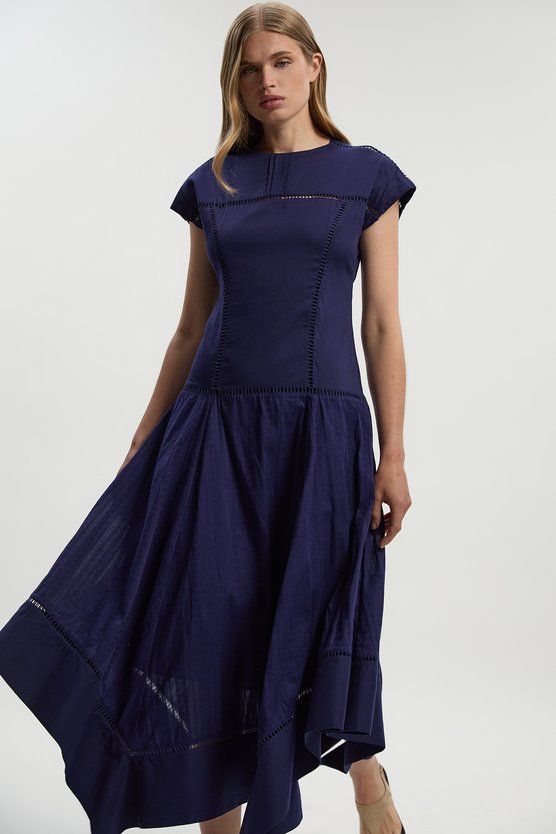 Karen Millen Cotton With Lace Trim Insert Hanky Hem Woven Midi Dress Navy