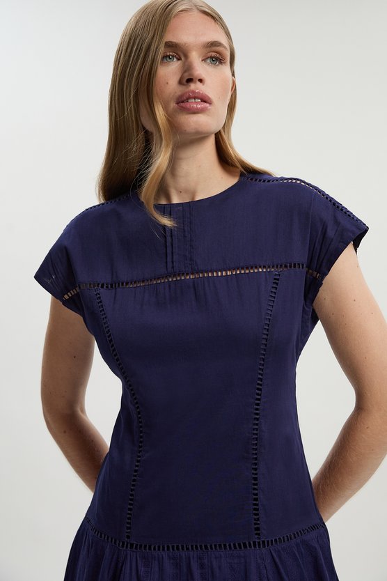 Karen Millen Cotton With Lace Trim Insert Hanky Hem Woven Midi Dress Navy