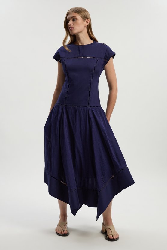Karen Millen Cotton With Lace Trim Insert Hanky Hem Woven Midi Dress Navy