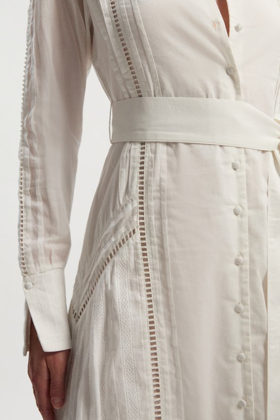 Karen Millen Cotton With Lace Trim Insert Woven Long Sleeve Midi Dress White